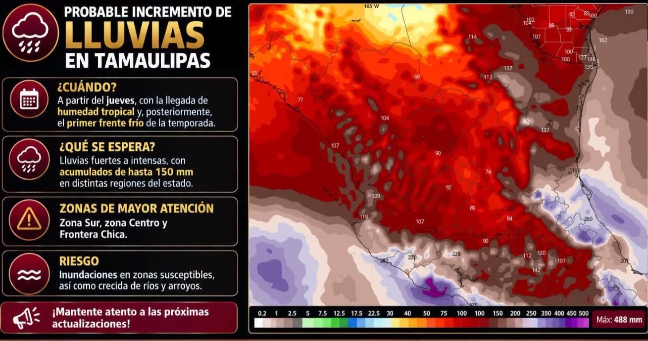 Mapa de Tamaulipas con alerta de lluvias intensas emitida por Protección Civil ante humedad tropical y frente frío