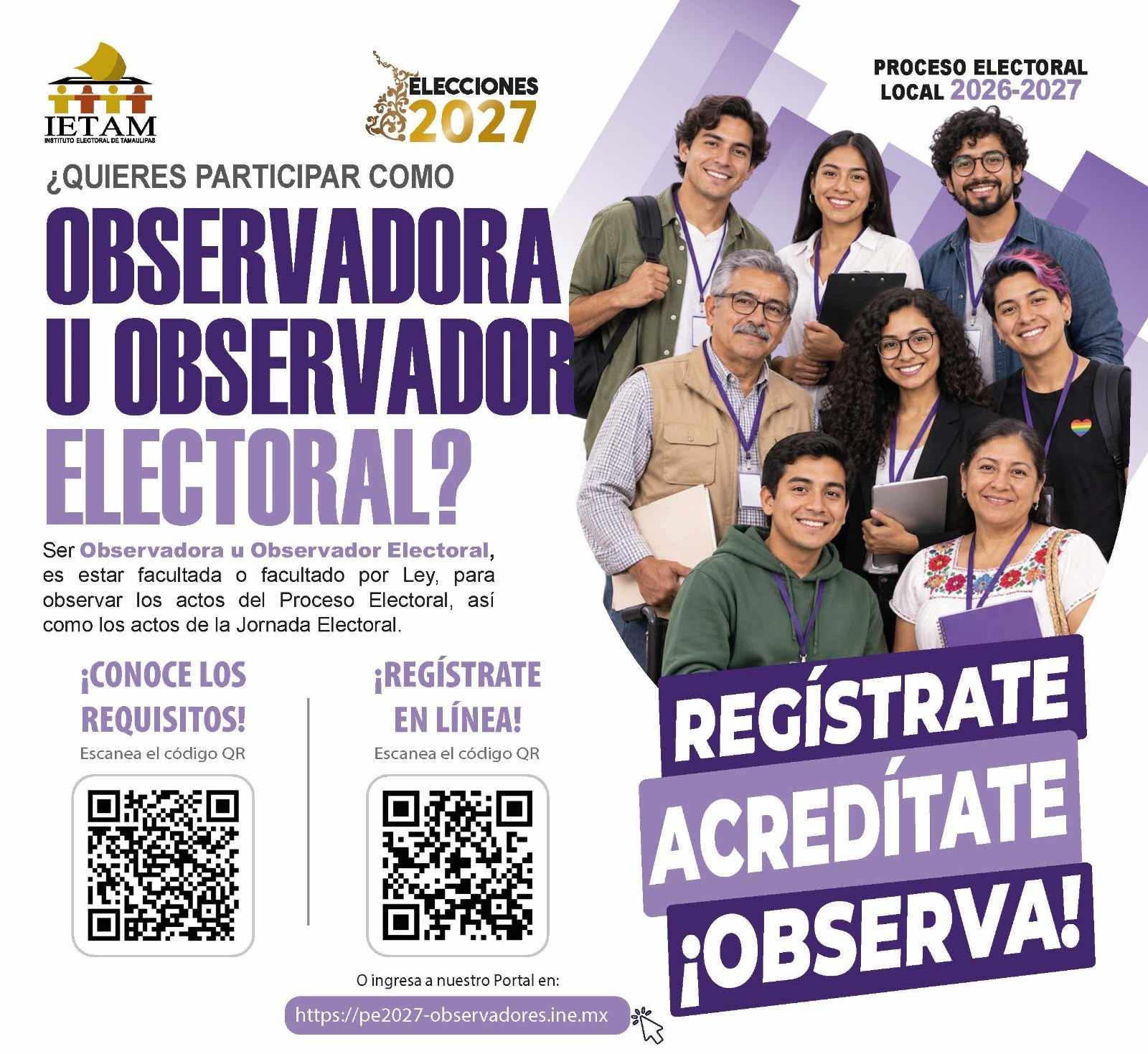 Ciudadanos registrándose como observadores electorales en Tamaulipas para el proceso 2026-2027 ante el IETAM y el INE