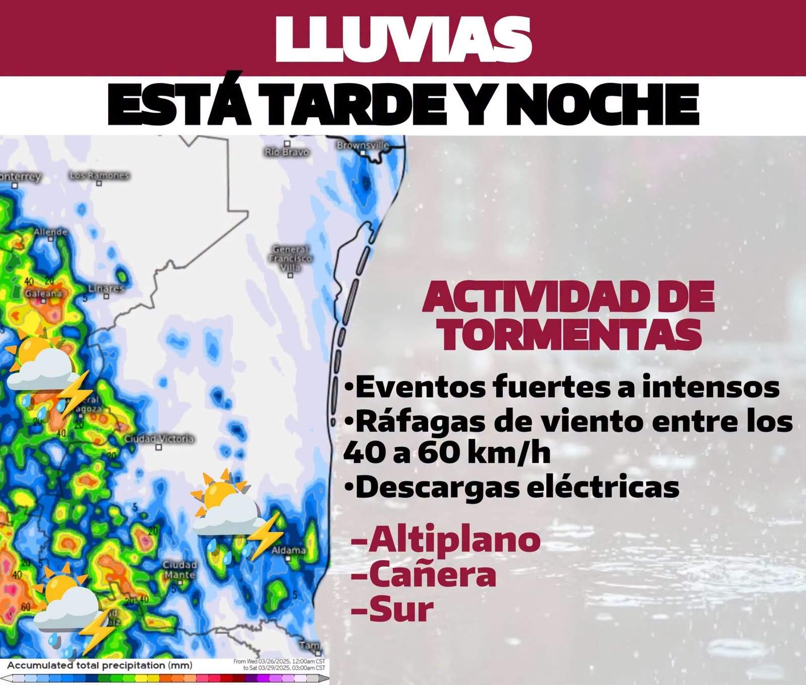 Lluvias intensas y riesgo de inundaciones esta tarde en varias regiones de Tamaulipas