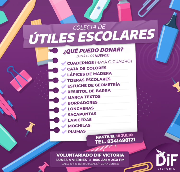 Invita DIF Victoria a la donación de útiles escolares para niñas y niños ensituación vulnerable.
